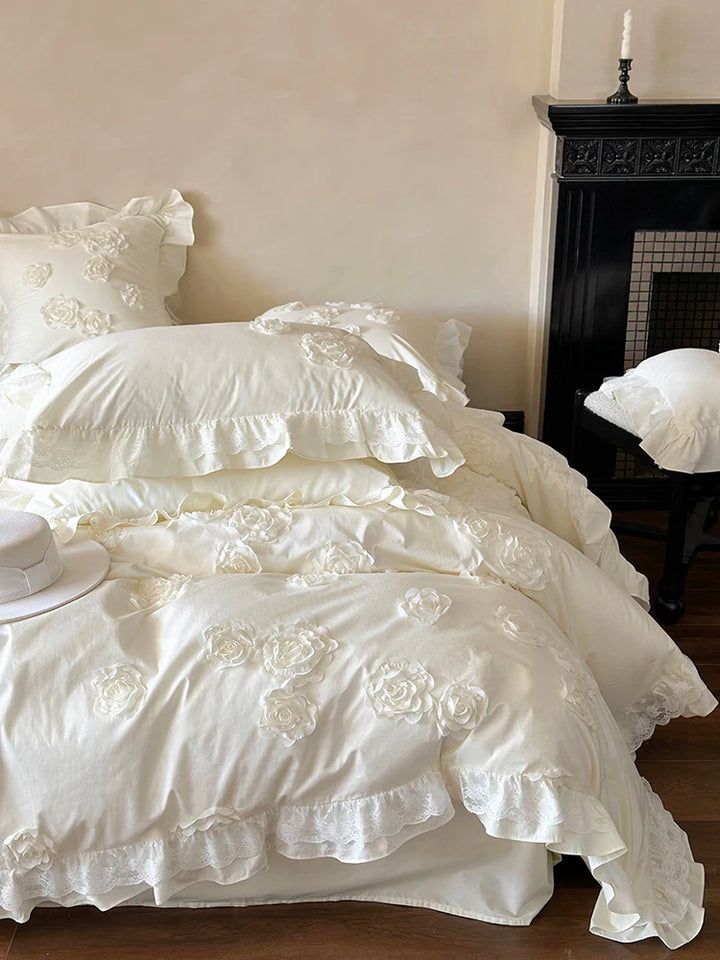 French Princess Style Cotton Bedding Set – Elegant Duvet Covers with Rose Lace Design for All Seasons 0