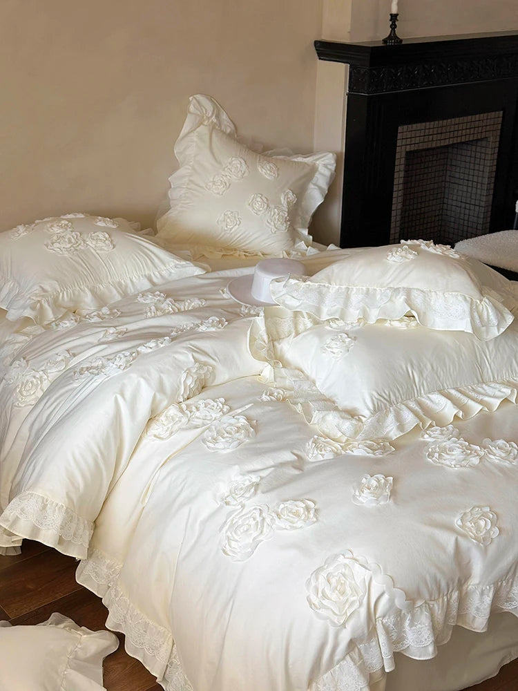 French Princess Style Cotton Bedding Set – Elegant Duvet Covers with Rose Lace Design for All Seasons 1