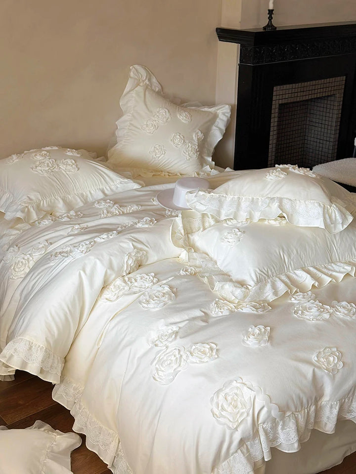 French Princess Style Cotton Bedding Set – Elegant Duvet Covers with Rose Lace Design for All Seasons 1