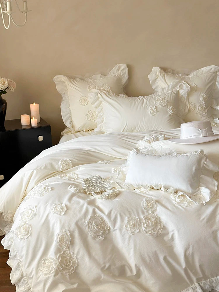 French Princess Style Cotton Bedding Set – Elegant Duvet Covers with Rose Lace Design for All Seasons 2