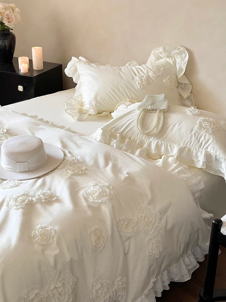 French Princess Style Cotton Bedding Set – Elegant Duvet Covers with Rose Lace Design for All Seasons 4