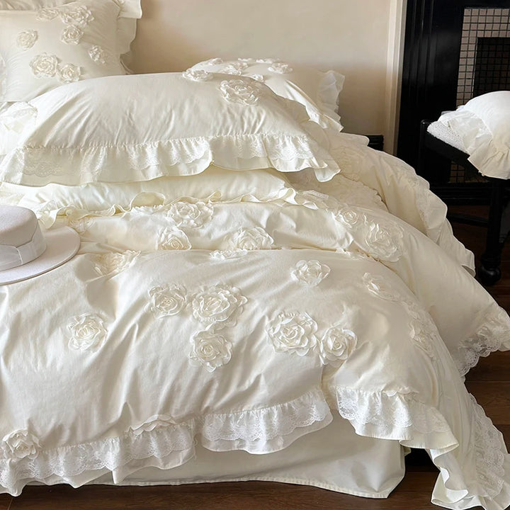 French Princess Style Cotton Bedding Set – Elegant Duvet Covers with Rose Lace Design for All Seasons 6