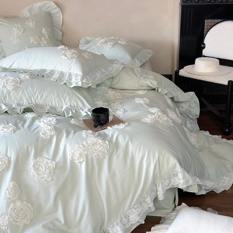 French Princess Style Cotton Bedding Set – Elegant Duvet Covers with Rose Lace Design for All Seasons 7