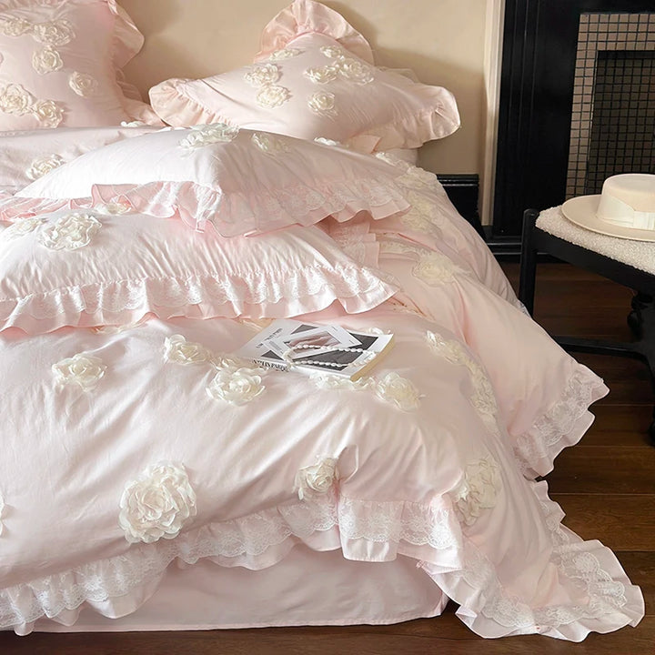French Princess Style Cotton Bedding Set – Elegant Duvet Covers with Rose Lace Design for All Seasons 8