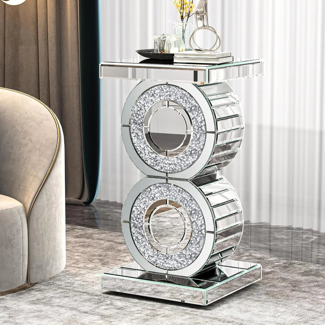 Glamorous Mirrored Side Table with Crystal Accents – Elegant Decor for Living Room or Hallway 0