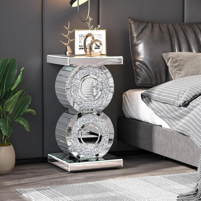 Glamorous Mirrored Side Table with Crystal Accents – Elegant Decor for Living Room or Hallway 1