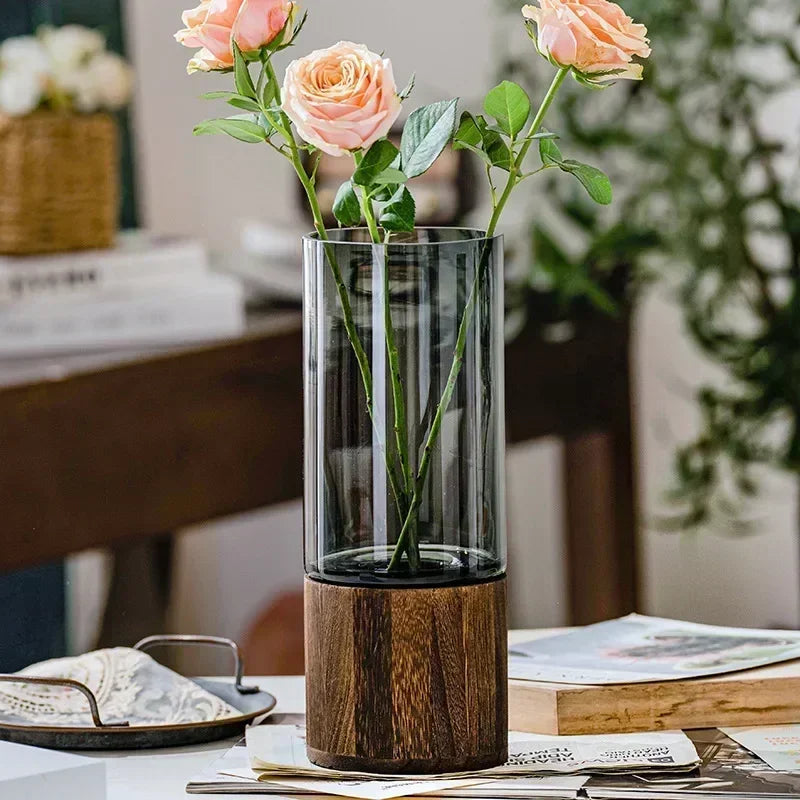 Glass Garden Vase with Wooden Base – Stylish Decor for Floral Arrangements or Minimalist Spaces 0
