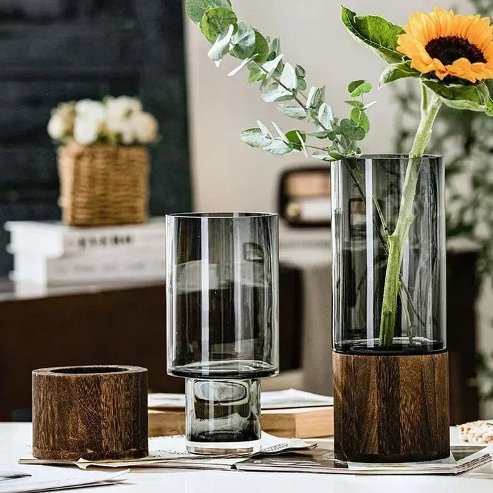 Glass Garden Vase with Wooden Base – Stylish Decor for Floral Arrangements or Minimalist Spaces 1
