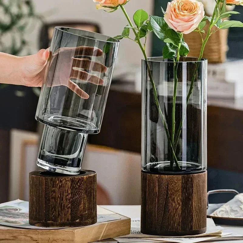 Glass Garden Vase with Wooden Base – Stylish Decor for Floral Arrangements or Minimalist Spaces 2