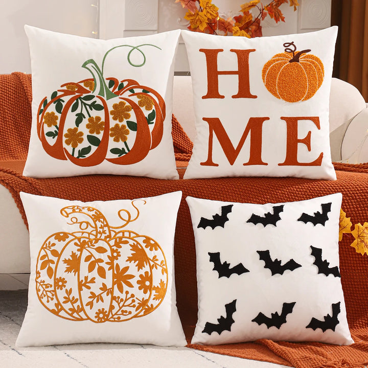 Halloween Decorative Throw Pillow Cover with Pumpkin and Bat Embroidery – Cozy Velvet Accent for Autumn Decor 0