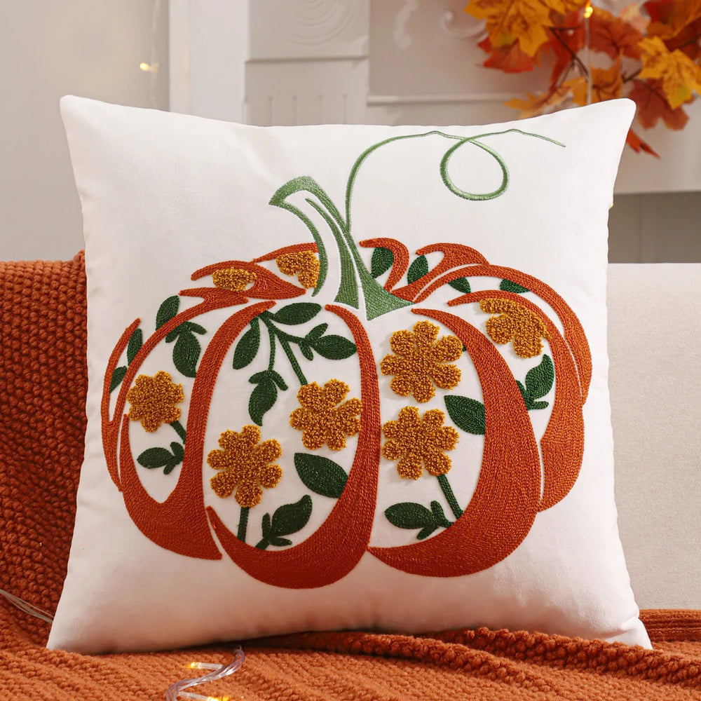 Halloween Decorative Throw Pillow Cover with Pumpkin and Bat Embroidery – Cozy Velvet Accent for Autumn Decor 1