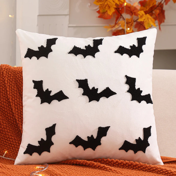 Halloween Decorative Throw Pillow Cover with Pumpkin and Bat Embroidery – Cozy Velvet Accent for Autumn Decor 3