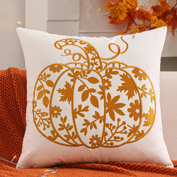 Halloween Decorative Throw Pillow Cover with Pumpkin and Bat Embroidery – Cozy Velvet Accent for Autumn Decor 4