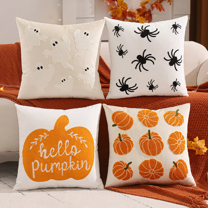 Halloween Decorative Throw Pillow Cover with Pumpkin and Ghost Embroidery – Cozy Velvet Accent for Autumn Decor 0