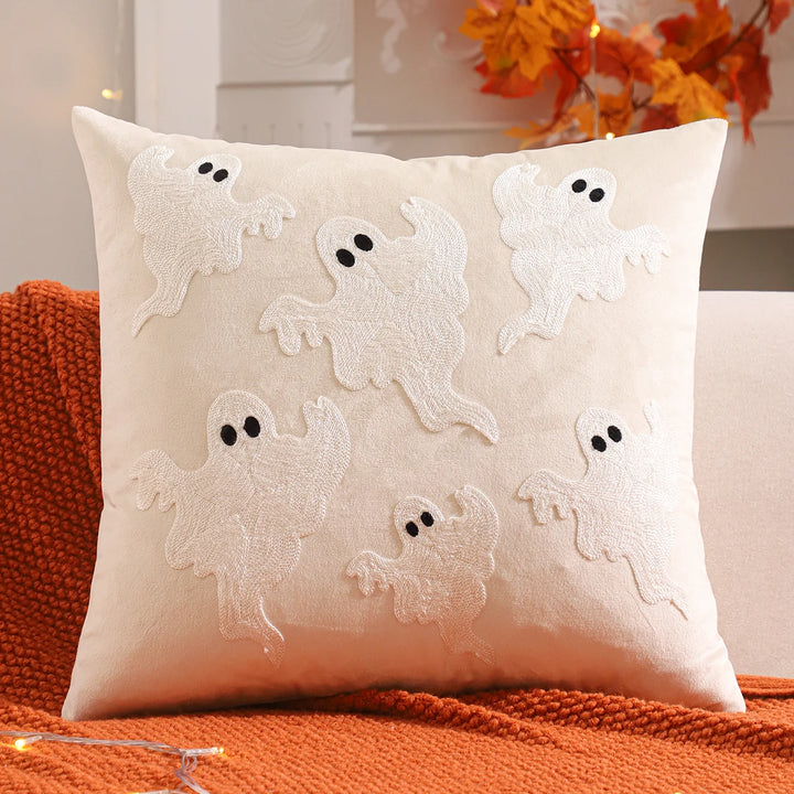 Halloween Decorative Throw Pillow Cover with Pumpkin and Ghost Embroidery – Cozy Velvet Accent for Autumn Decor 1
