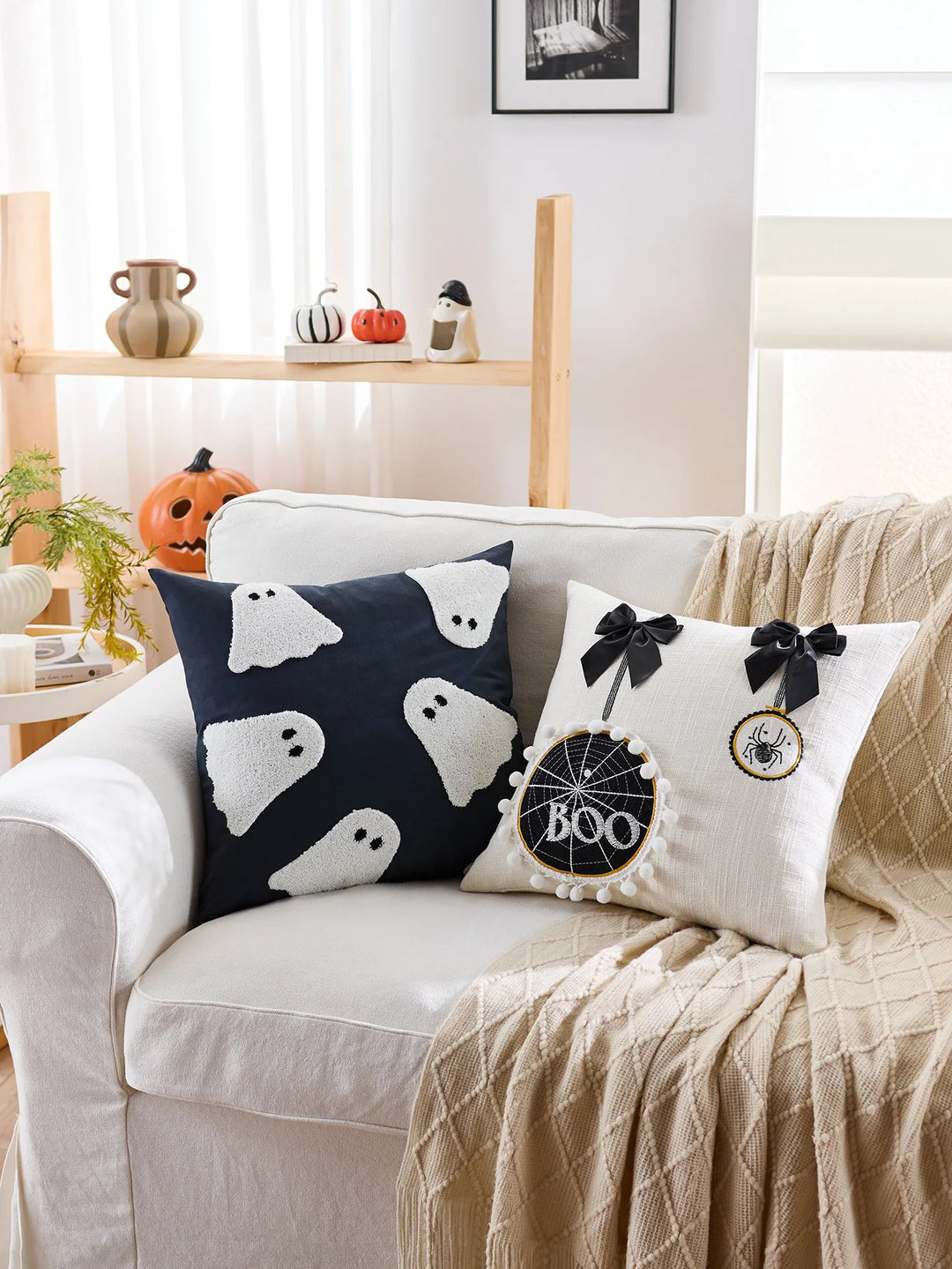Halloween Pillow Cover with Pumpkin and Ghost Design – Fun Decor for Sofa or Chair 3
