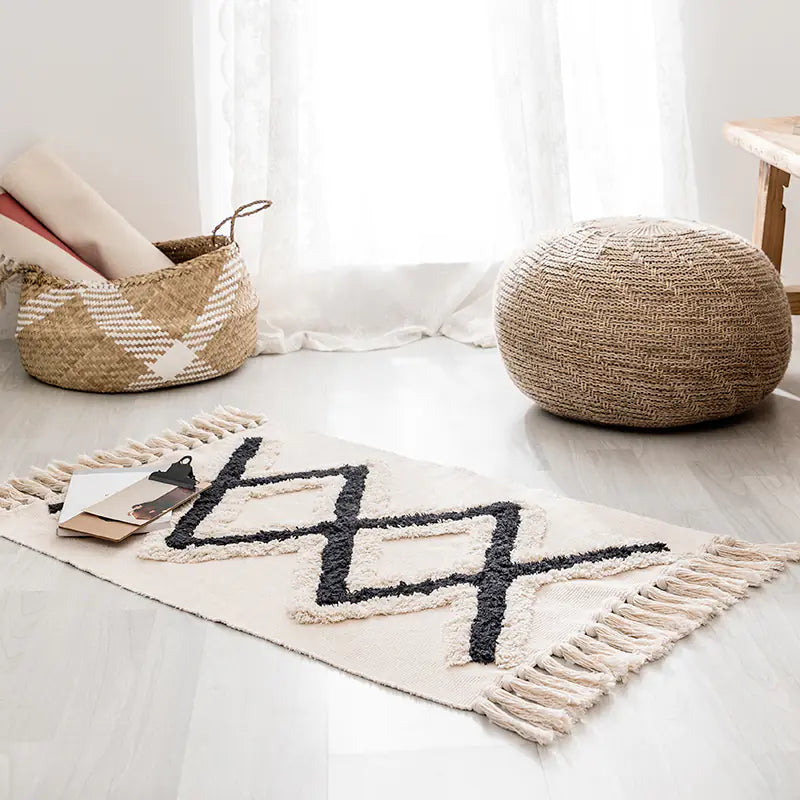 Handwoven Moroccan Cotton Fringe Area Rug – Stylish Living Room Rug with Unique Design 0