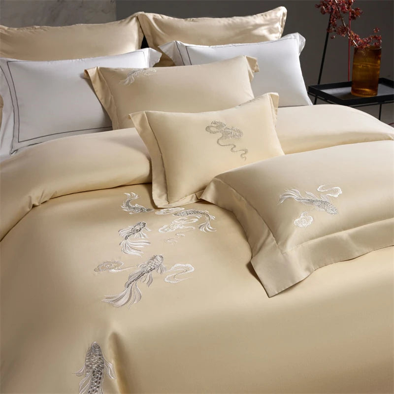 Koi Embroidery Bedding Set – Luxurious Duvet Covers and Sheets for Elegant Bedrooms 2