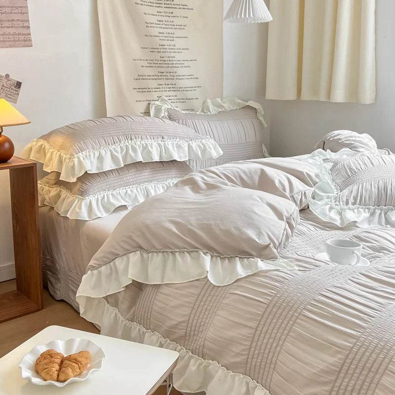 Korean Lace Seersucker Bedding Set – Stylish 4-Piece Duvet Cover Set for Spring Decor 6