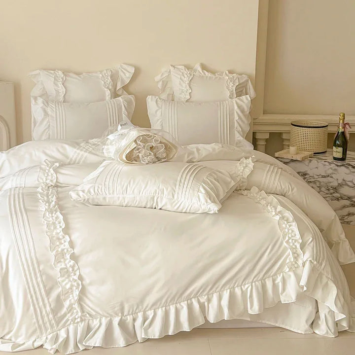 Korean Princess Bedding Set – 4PC Lace Trim Duvet Cover and Pillowcases for Queen or King Size Beds 2