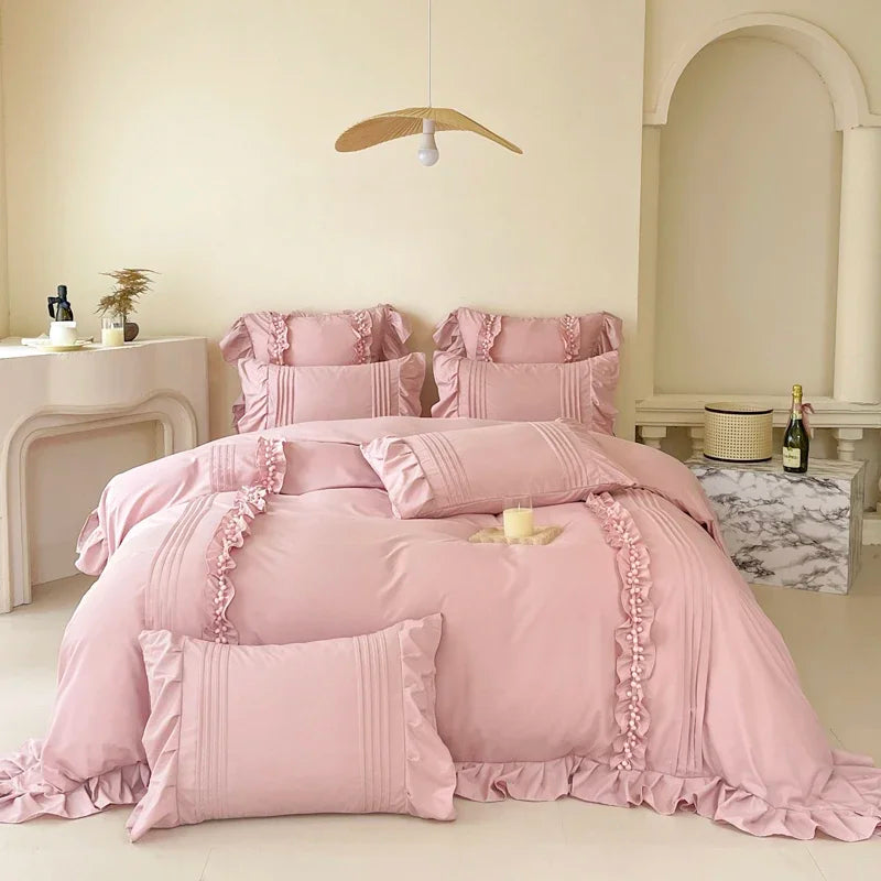 Korean Princess Bedding Set – 4PC Lace Trim Duvet Cover and Pillowcases for Queen or King Size Beds 8