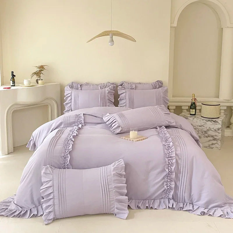 Korean Princess Bedding Set – 4PC Lace Trim Duvet Cover and Pillowcases for Queen or King Size Beds 9