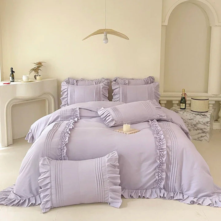 Korean Princess Bedding Set – 4PC Lace Trim Duvet Cover and Pillowcases for Queen or King Size Beds 9