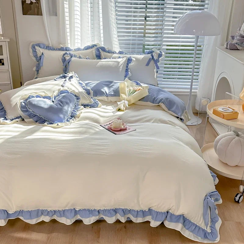 Korean Princess Style Bedding Set with Duvet Cover – Cozy Washed Cotton for Girls' Bedrooms 1