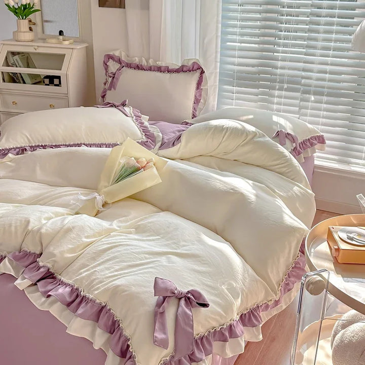 Korean Princess Style Bedding Set with Duvet Cover – Cozy Washed Cotton for Girls' Bedrooms 5