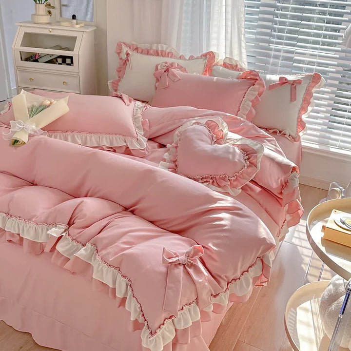 Korean Princess Style Bedding Set with Duvet Cover – Cozy Washed Cotton for Girls' Bedrooms 6
