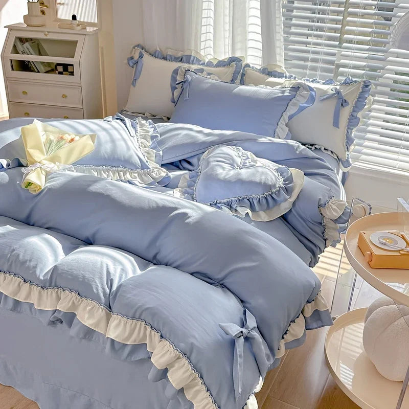 Korean Princess Style Bedding Set with Duvet Cover – Cozy Washed Cotton for Girls' Bedrooms 7