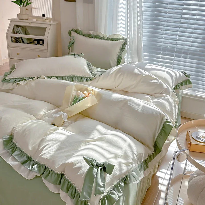 Korean Princess Style Bedding Set with Duvet Cover – Cozy Washed Cotton for Girls' Bedrooms 8