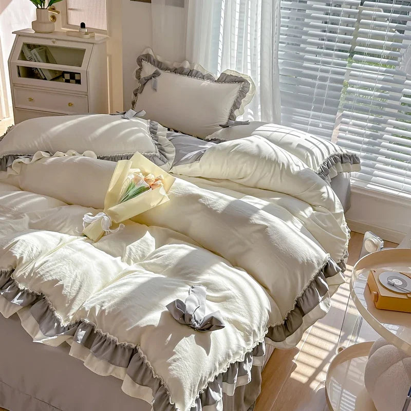 Korean Princess Style Bedding Set with Duvet Cover – Cozy Washed Cotton for Girls' Bedrooms 9