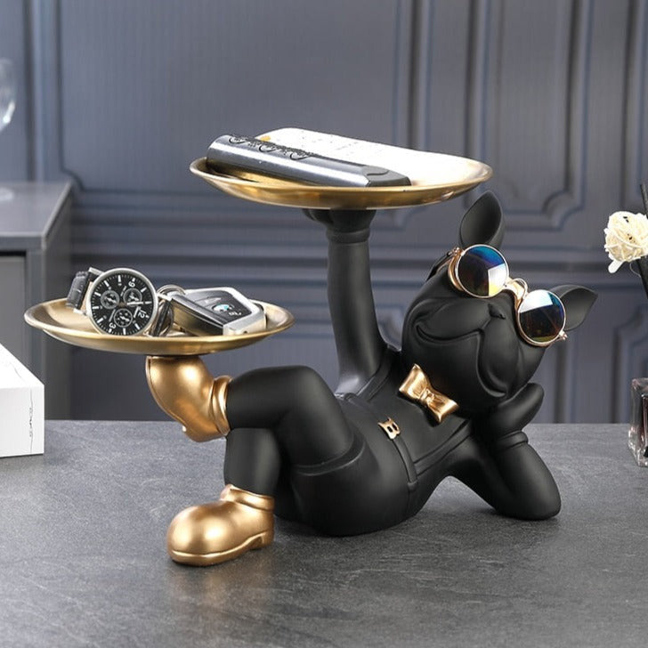 Lazy Bulldog Dog Sculpture with Double Tray – Whimsical Garden Statue for Home or Office Decor 0