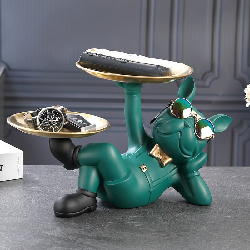 Lazy Bulldog Dog Sculpture with Double Tray – Whimsical Garden Statue for Home or Office Decor 1