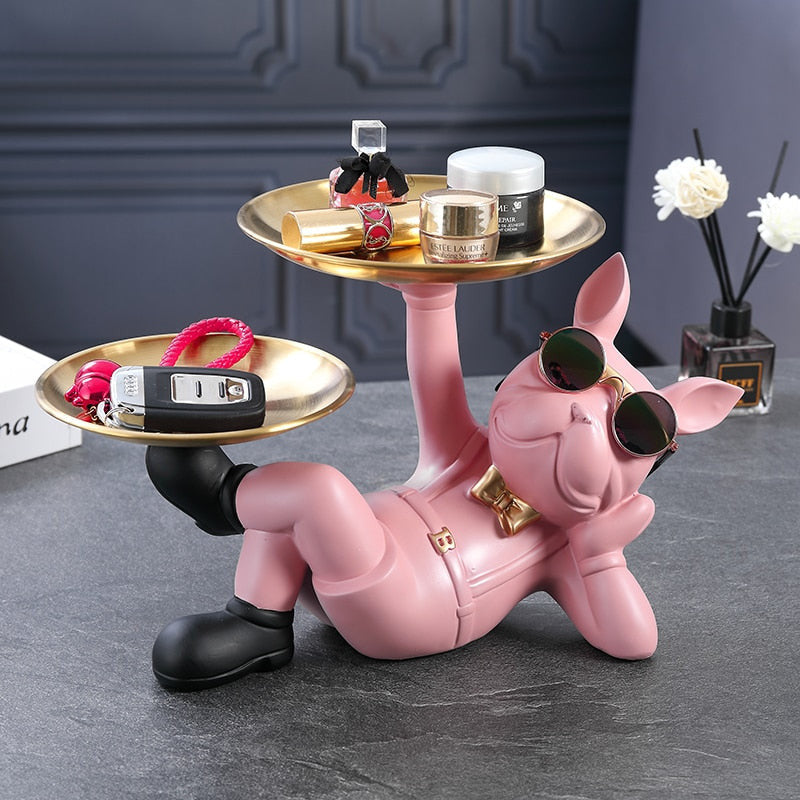 Lazy Bulldog Dog Sculpture with Double Tray – Whimsical Garden Statue for Home or Office Decor 2