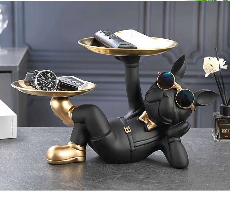 Lazy Bulldog Dog Sculpture with Double Tray – Whimsical Garden Statue for Home or Office Decor 7