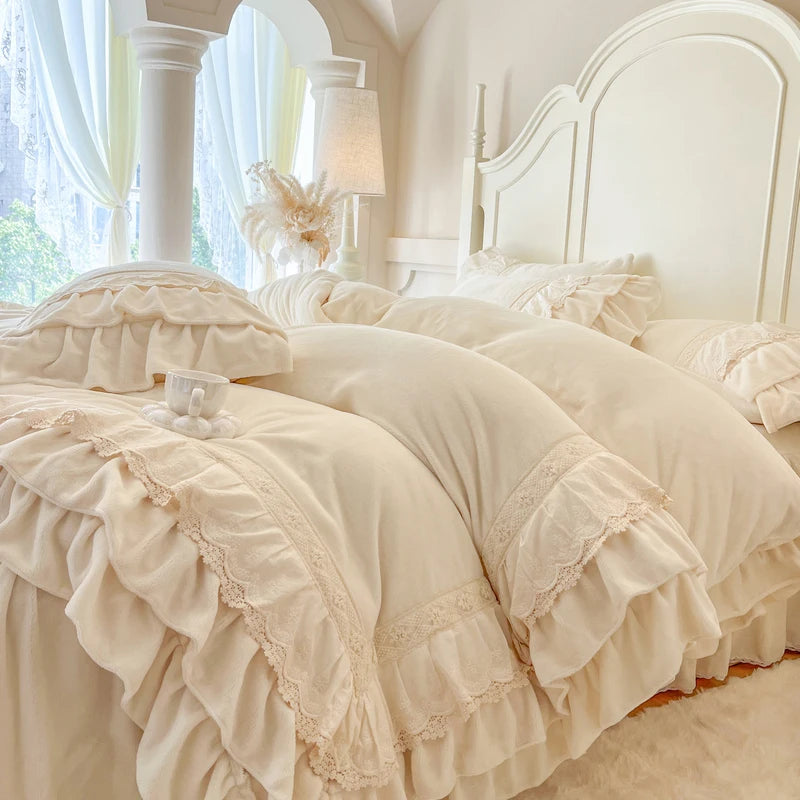 Luxurious Velvet Bedding Set with Lace Ruffles – Cozy Duvet Covers for Elegant Winter Decor 0