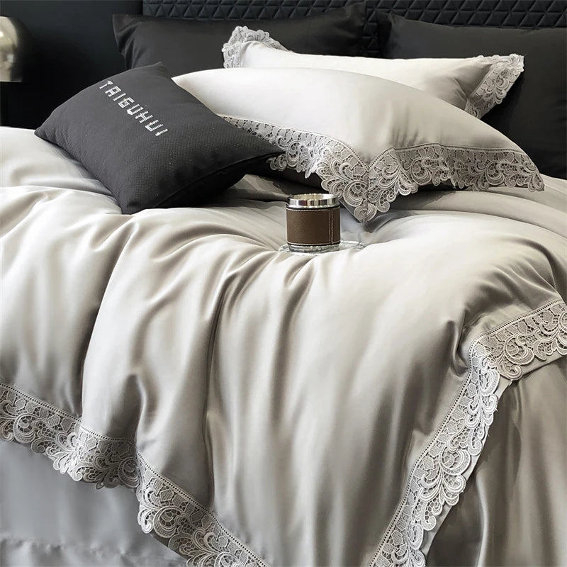 Luxury Lyocell Cotton Bedding Set with Lace Edges – Cozy Duvet Cover and Sheets for Autumn/Winter 0
