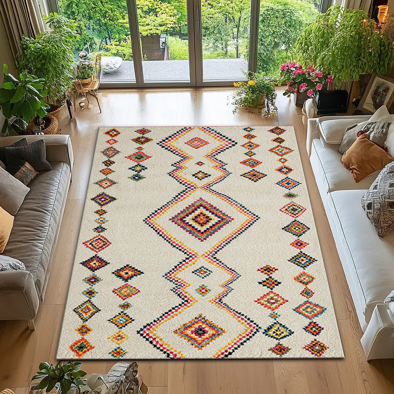 Machine Washable Kilim-Style Area Rug – Retro Boho Design for Indoor and Outdoor Use 0