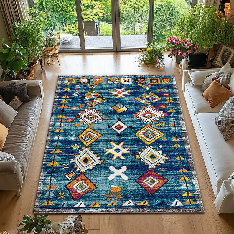 Machine Washable Kilim-Style Area Rug – Retro Boho Design for Indoor and Outdoor Use 0