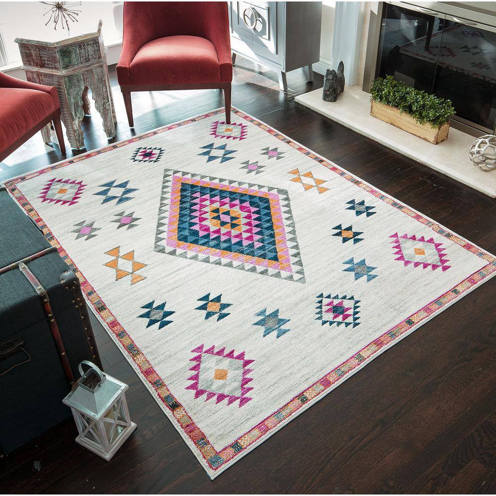 Machine Washable Kilim-Style Rug – Retro Boho Design for Living Room or Bedroom 0