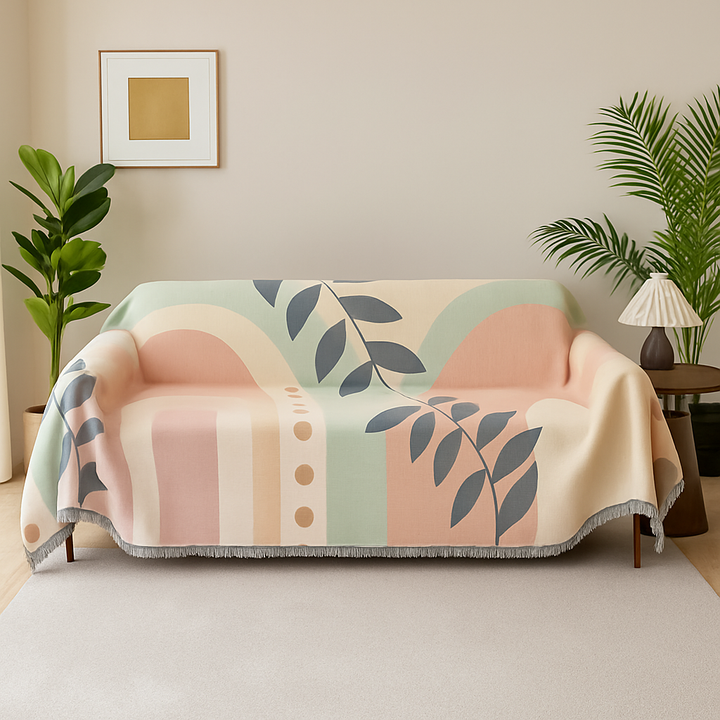 Multicolour Pastel Sofa Cover with Leaf Motif – Stylish Couch Protector for Pets and Kids 0