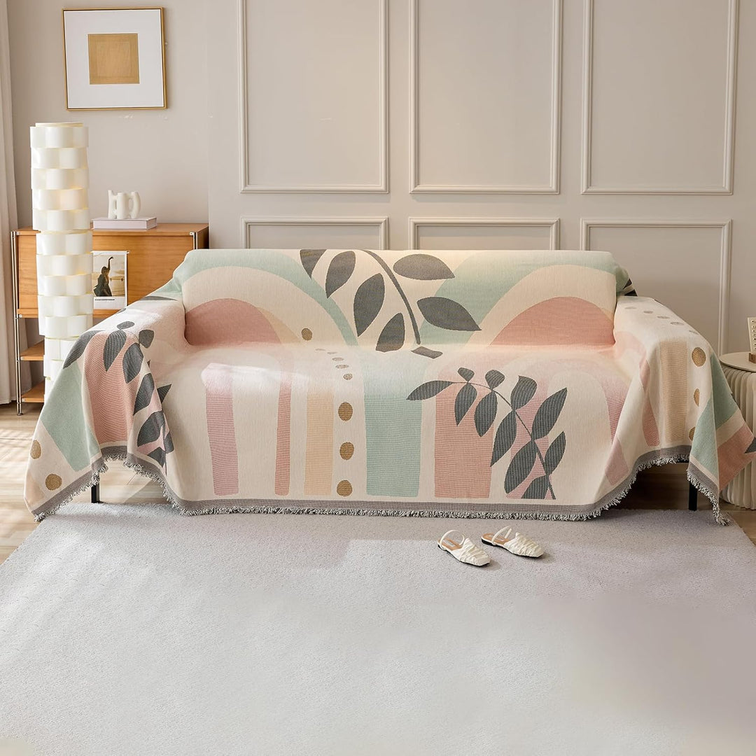 Multicolour Pastel Sofa Cover with Leaf Motif – Stylish Couch Protector for Pets and Kids 1