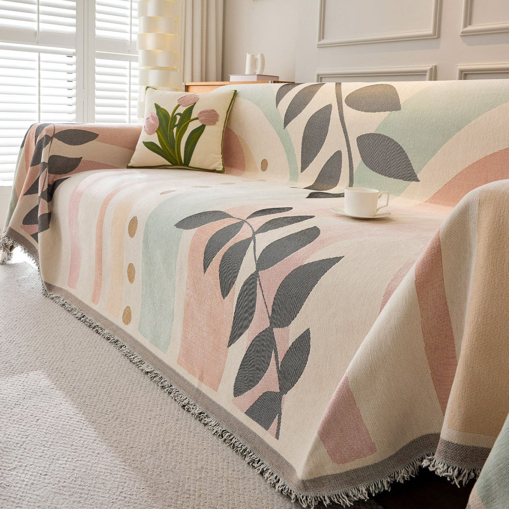 Multicolour Pastel Sofa Cover with Leaf Motif – Stylish Couch Protector for Pets and Kids 2