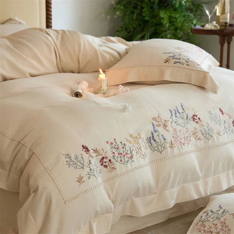 Natural Cotton Linen Bedding Set with Floral Embroidery – Cozy Duvet Cover and Sheet Set for Elegant Bedroom Decor 3