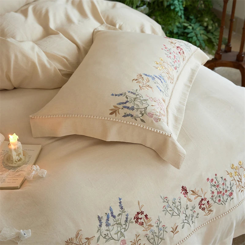 Natural Cotton Linen Bedding Set with Floral Embroidery – Cozy Duvet Cover and Sheet Set for Elegant Bedroom Decor 5