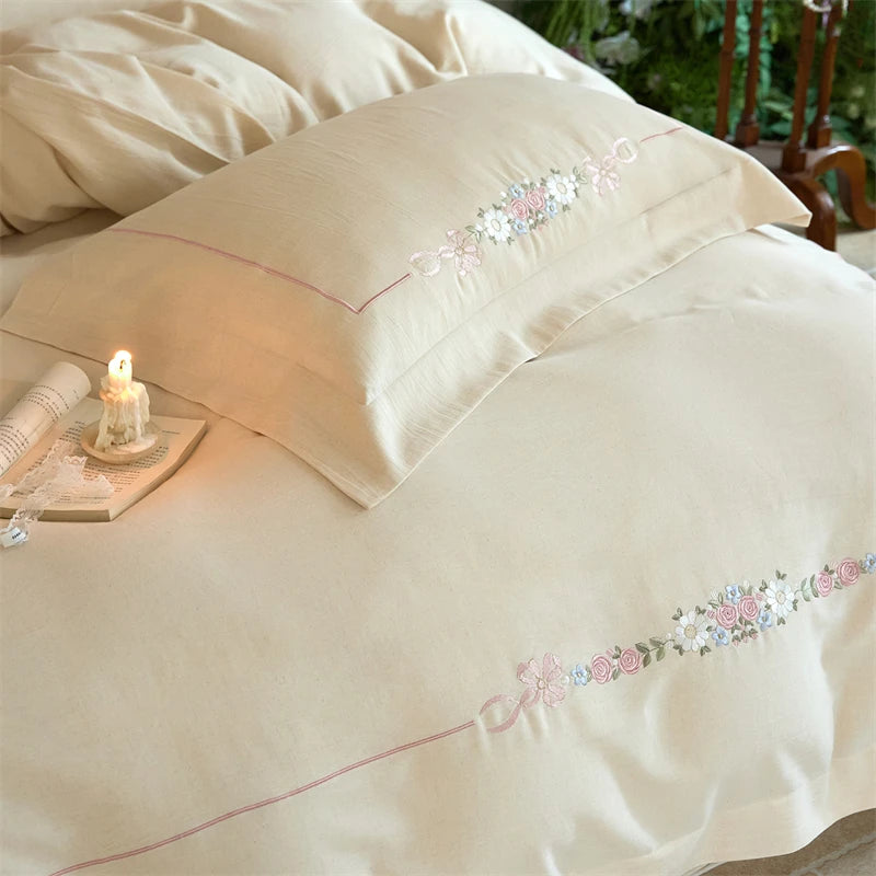 Natural Cotton Linen Floral Embroidery Bedding Set – Luxurious Duvet Cover and Sheet for Cozy Bedrooms 2