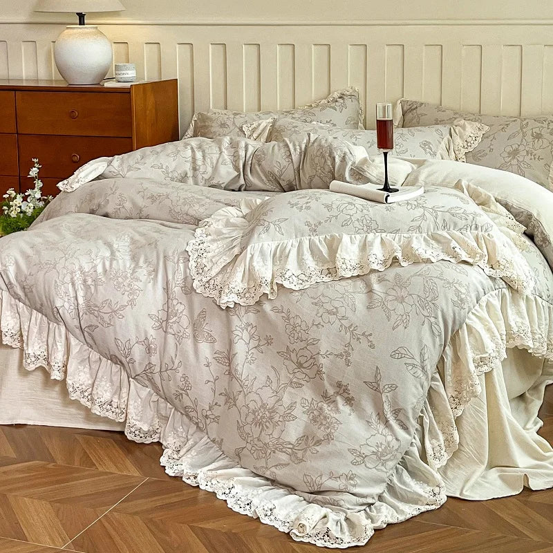 Natural Cotton Linen Jacquard Lace Ruffles Bedding Set – Elegant Duvet Covers for Queen or King Size Beds 0