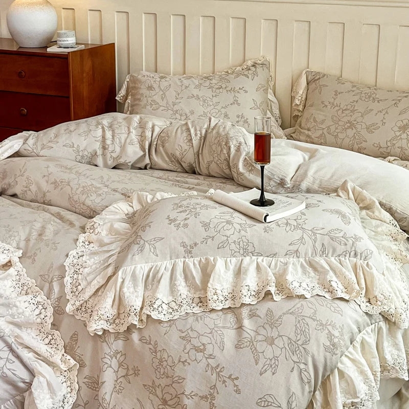 Natural Cotton Linen Jacquard Lace Ruffles Bedding Set – Elegant Duvet Covers for Queen or King Size Beds 2